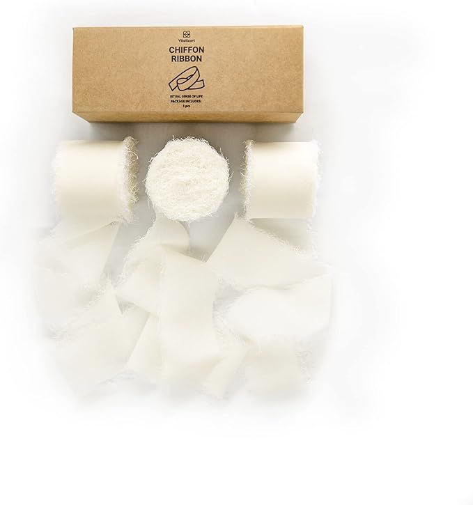 Vitalizart Cream white Handmade Chiffon silk Ribbon with Fringe  3 Rolls 1.5" x 21Yd in Total Ivo... | Amazon (US)