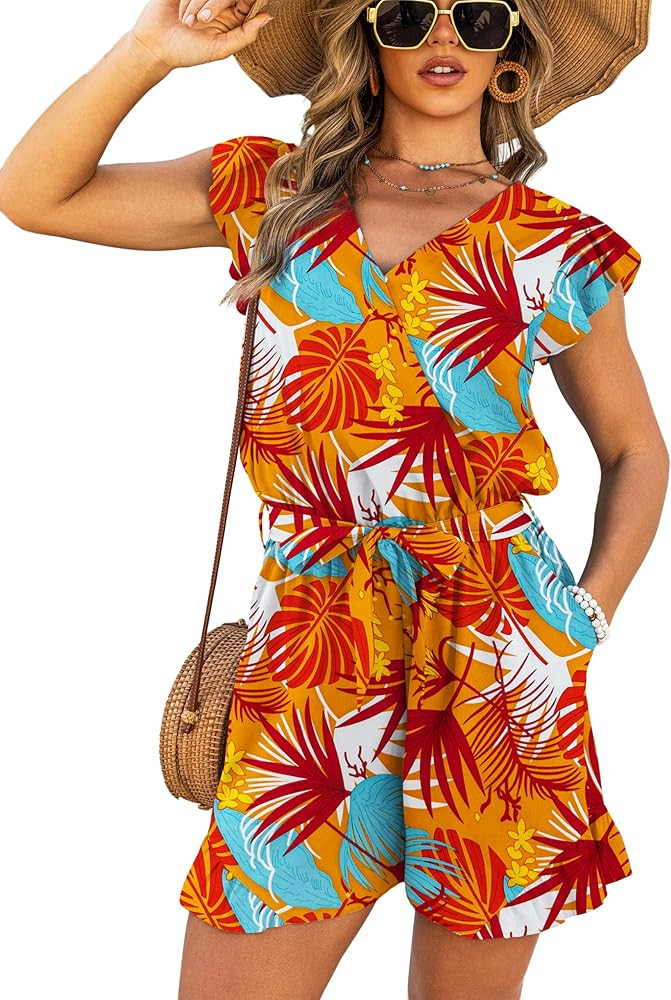 VERABENDI Women’s Tropical Romper Vacation Outfit – V Neck Flutter Sleeve Tie Waist Beach Rom... | Amazon (US)