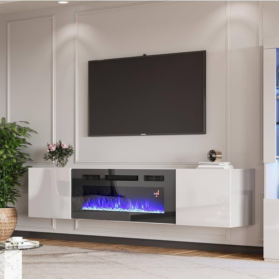  AMERLIFE Floating Fireplace TV Stand, Wall Mounted Mirrored Entertainment  Center with 40 Electric Fireplace, Modern LED Lights Media Console for TVs  Up to 90, All White : Home & Kitchen