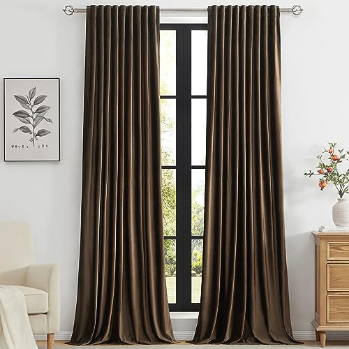 PRIMROSE Brown Velvet Curtains 120 inch Long for Living Room,Set of 2 Panels Blackout Rod Pocket Back Tab Window Treatment Room Darkening Heavy Decorative Curtains Drapes for Bedroom | Amazon (US)