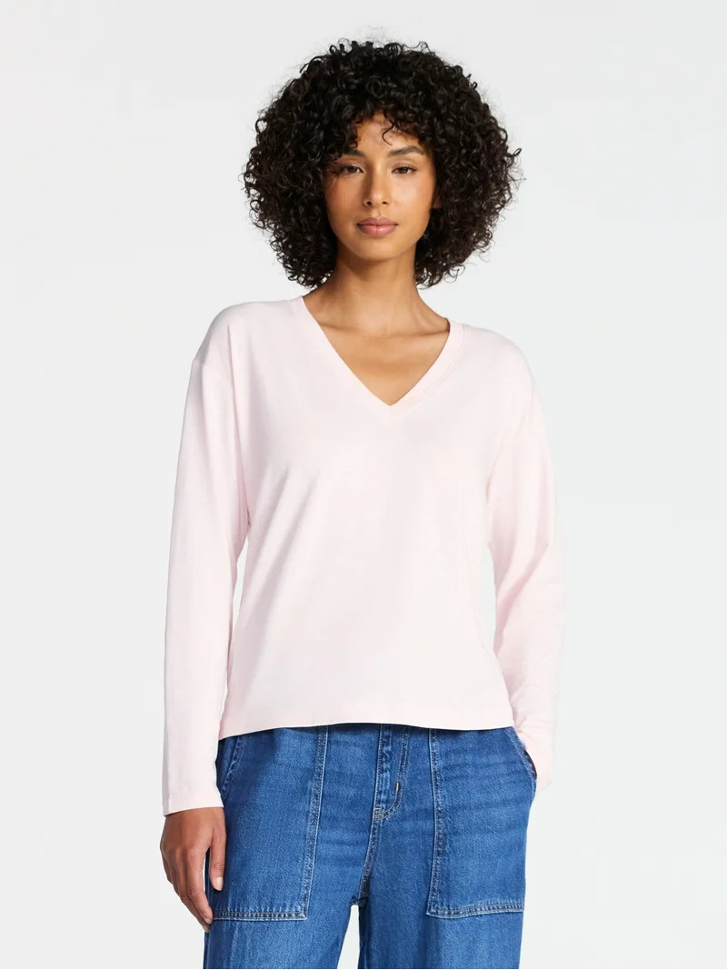 Time and Tru Women's Boxy Slub V-Neck Tee with Long Sleeves, Sizes XS-XXXL | Walmart (US)
