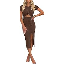 oten Women's Summer Short Sleeve Cutout Twist Front Side Slit Ribbed Knit Party Club Bodycon Midi... | Amazon (US)