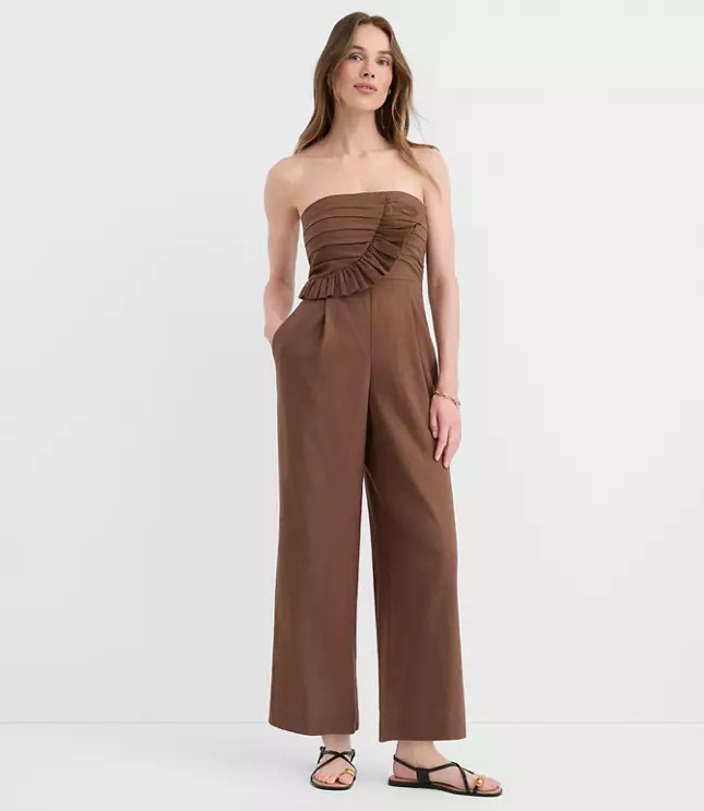Ruffled Ruched Linen Cotton Strapless Jumpsuit | LOFT