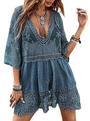 Floerns Women's Contrast Lace Plunging V Neck Bikini Cover Up Beach Dress Bathing Suit | Amazon (US)