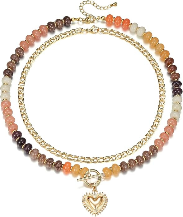 Beaded Gemstone Necklaces for Women, Colorful Stone Bead Necklace, Layered Necklaces for Women St... | Amazon (US)