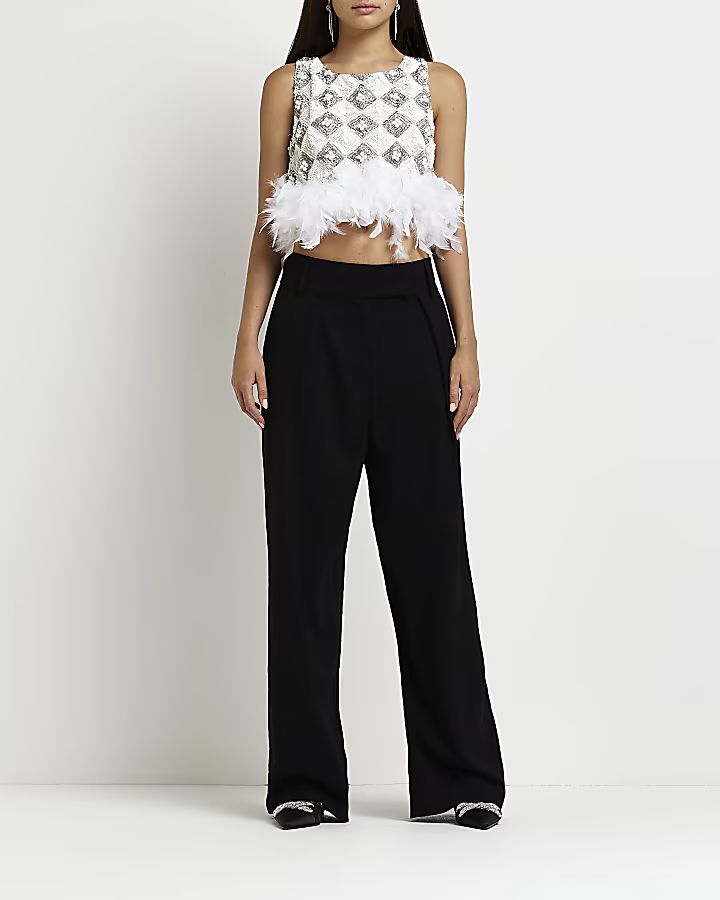 White sequin feather trim cropped top | River Island (UK & IE)
