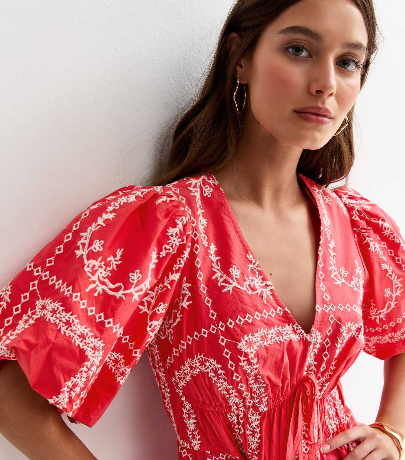 Pink Embroidered Puff Sleeve Midi Dress | New Look | New Look (UK)