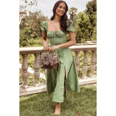 Women Floral Midi Dress Square Neck Puff Sleeve Ruched Bust A-Line Dress, Green, S | Target