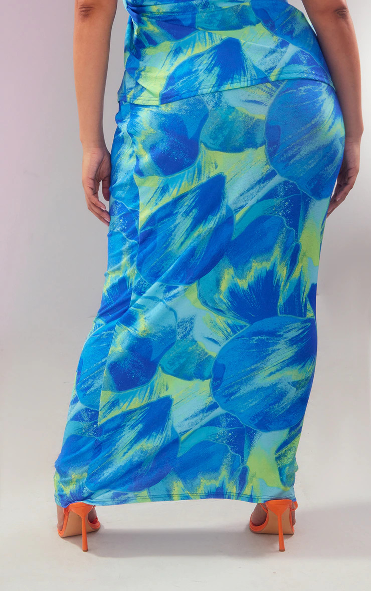 Plus Blue Abstract Floral Burn Out Printed Low Rise Maxi Skirt | PrettyLittleThing US