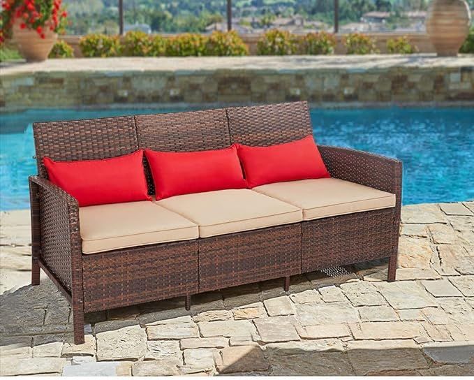 Cemeon Outdoor Wicker Sofa Patio Couch with 3 Seats, All-Weather Wicker and Washable Cushions Cov... | Amazon (US)
