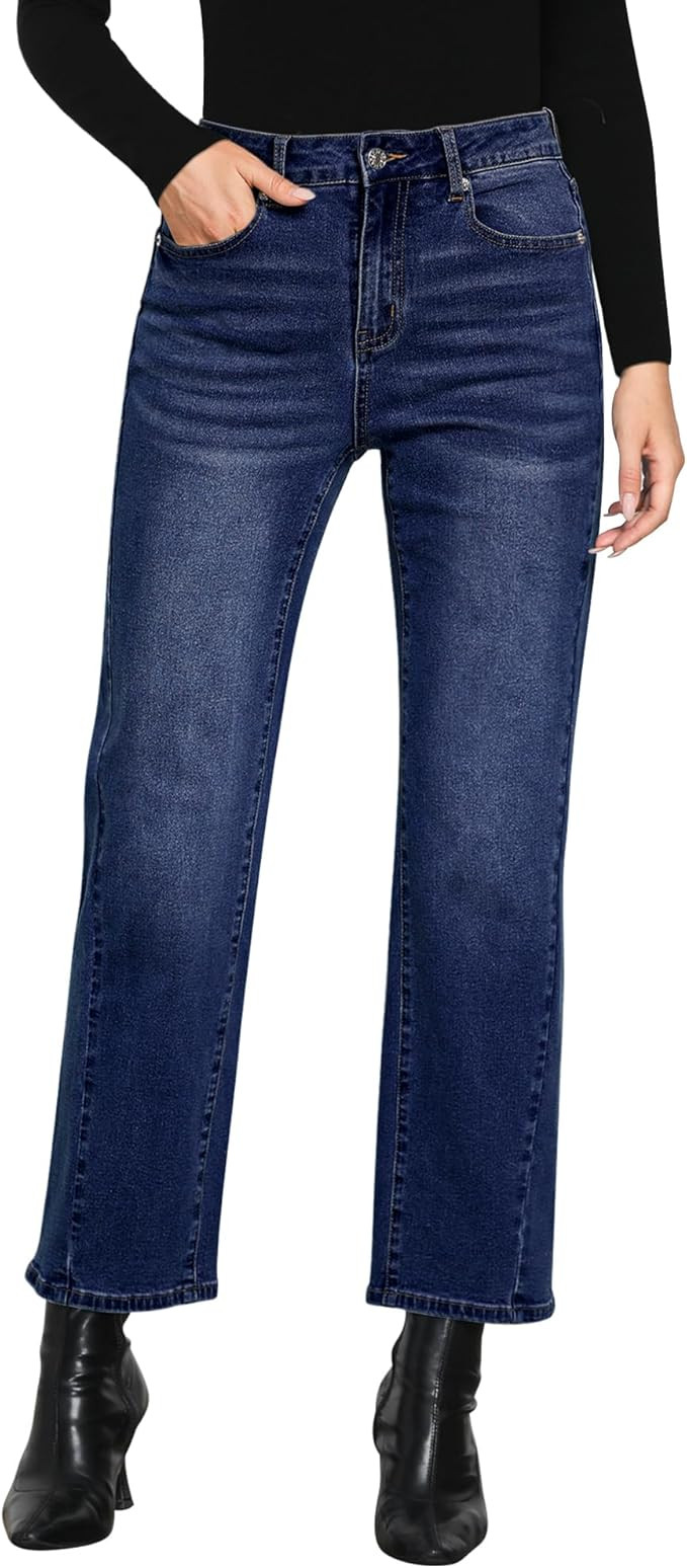 GRAPENT Straight Leg Jeans for Women High Waisted Trendy Ankle Length Forward Seams Stretchy Deni... | Amazon (US)
