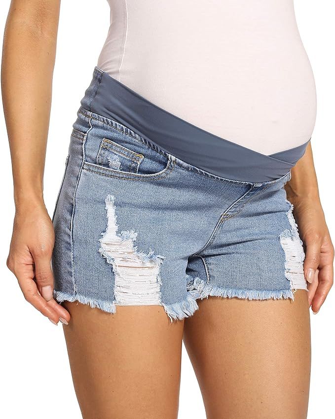 V VOCNI Maternity Women's Maternity Indigo Blue Mom Tassel Secret Underbelly Denim Shorts | Amazon (US)