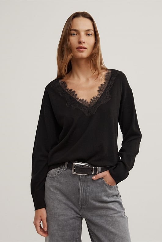 Lace Detail V-Neck Knit | Witchery (AU)