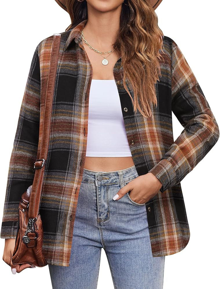 Zeagoo Flannel Shirt Women Button Down Long Sleeve Plaid Shirts Collared 2024 Casual Work Tops S-... | Amazon (US)