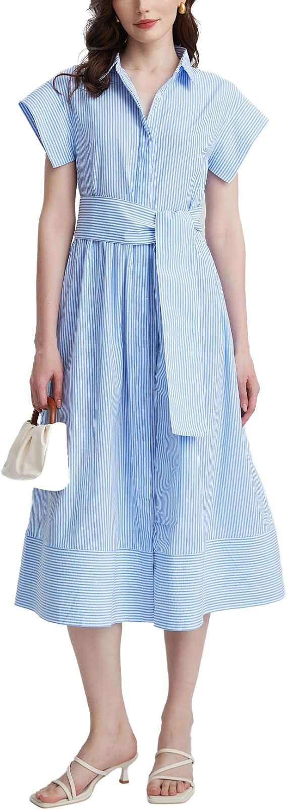 Women's Striped Belted Shirt Midi Dress Casual Short Sleeve Button Down Lapel V Neck A Line Long ... | Amazon (US)