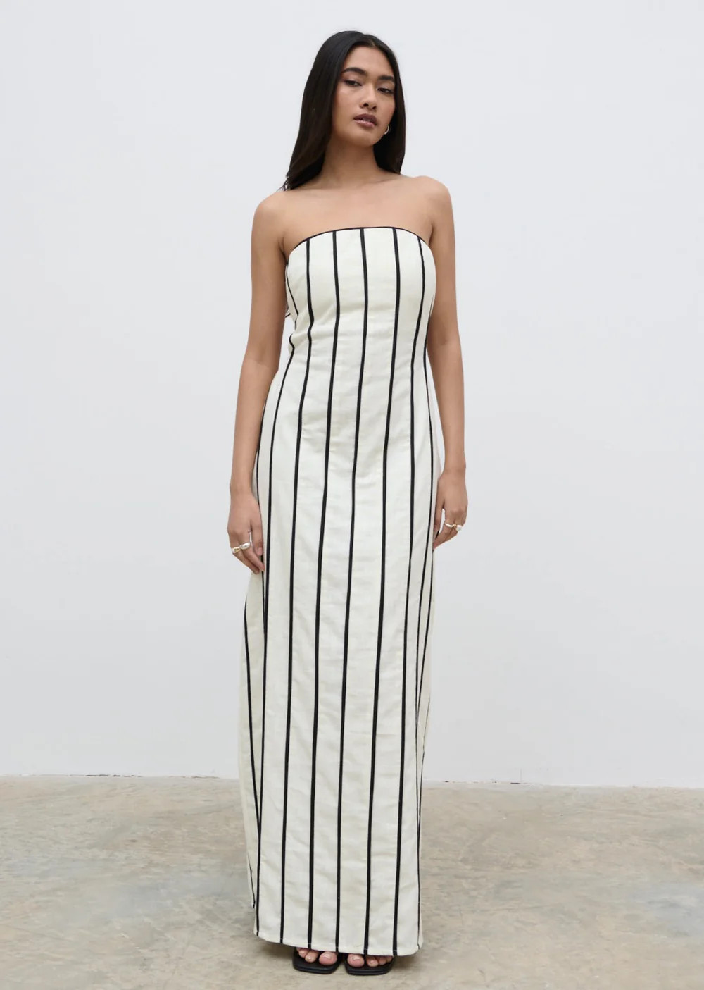 Penny Striped Bandeau Dress - Cream and Black | Pretty Lavish (UK)