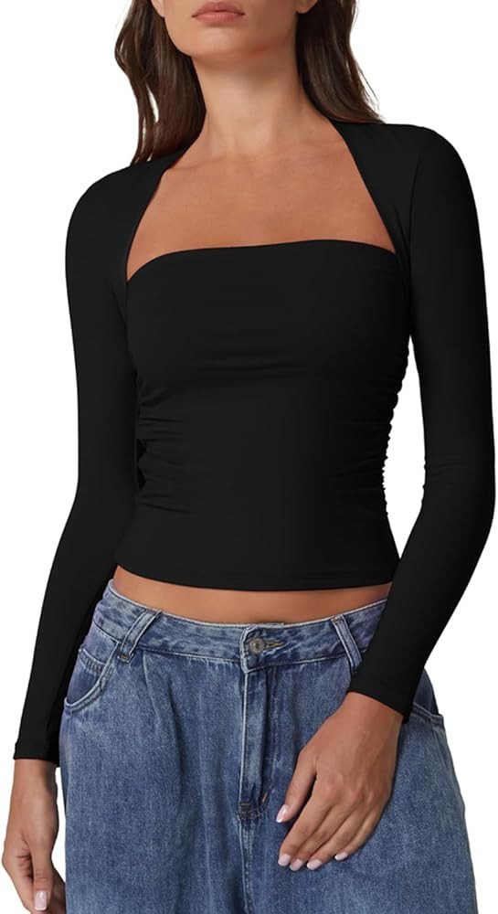 QINSEN Long Sleeve Square Neck Tops for Women Double Lined Side Ruching Going Out Shirts Basic Te... | Amazon (US)