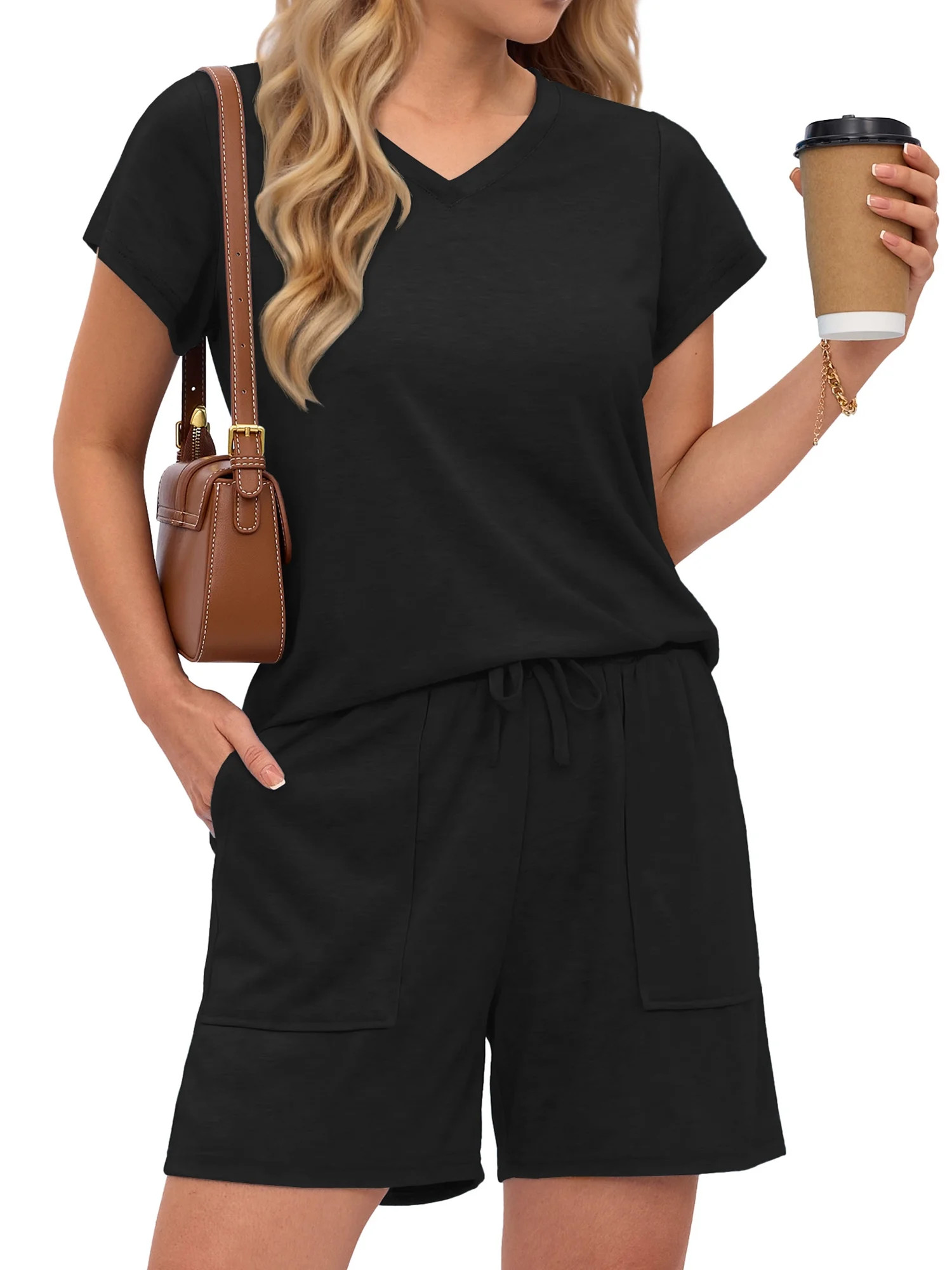 MOSHU Womens Pajamas Sets V Neck Tops and Drawstring Shorts Sets with Pockets Two Piece Lounge Se... | Walmart (US)