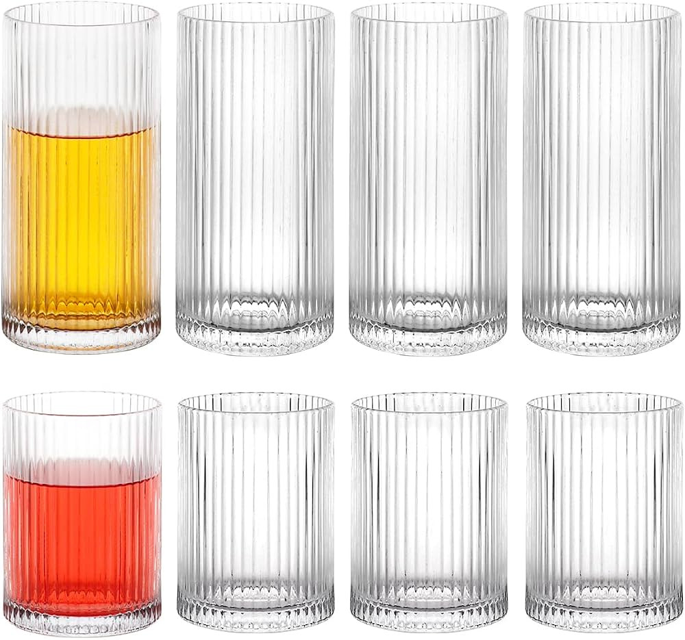 Ymyaye 8 Pack Drinking Glasses, 4pcs Highball Glasses & 4pcs Rocks Glasses, Clear Vintage Glasswa... | Amazon (CA)
