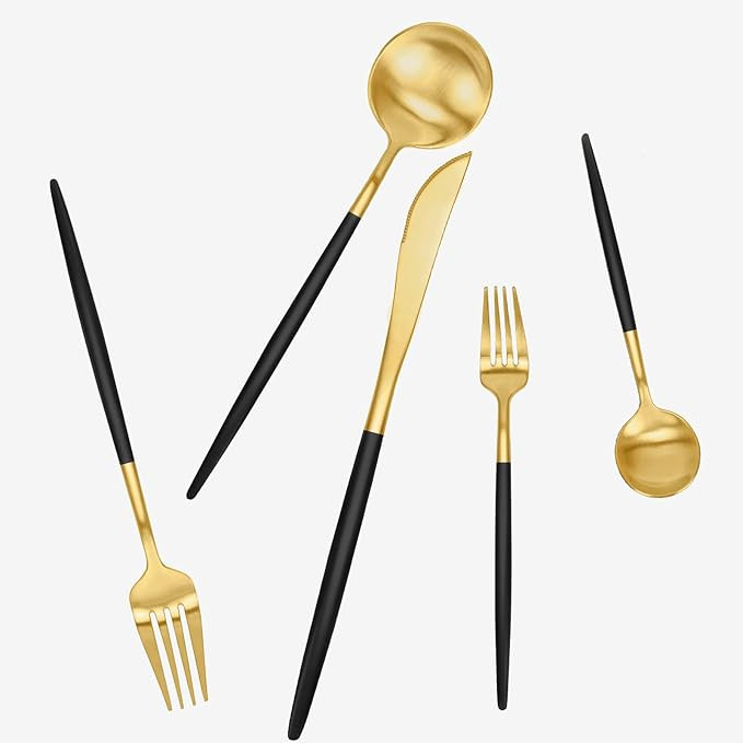 Matte Black Gold Silverware Set 30 Pieces, FAMEWARE Stainless Steel Flatware Set，Service for 6... | Amazon (US)