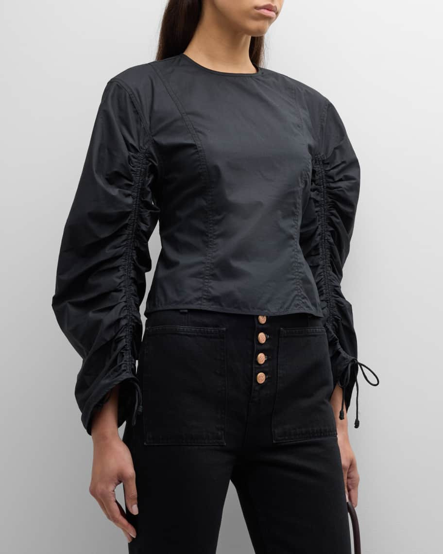 Ulla Johnson Lorna Ruched Puff-Sleeve Cotton Poplin Blouse | Neiman Marcus