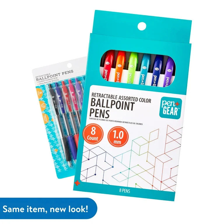 Pen+Gear Retractable Ballpoint Pens, Medium Point, 1.0 mm, 8 Count, Assorted Colors | Walmart (US)