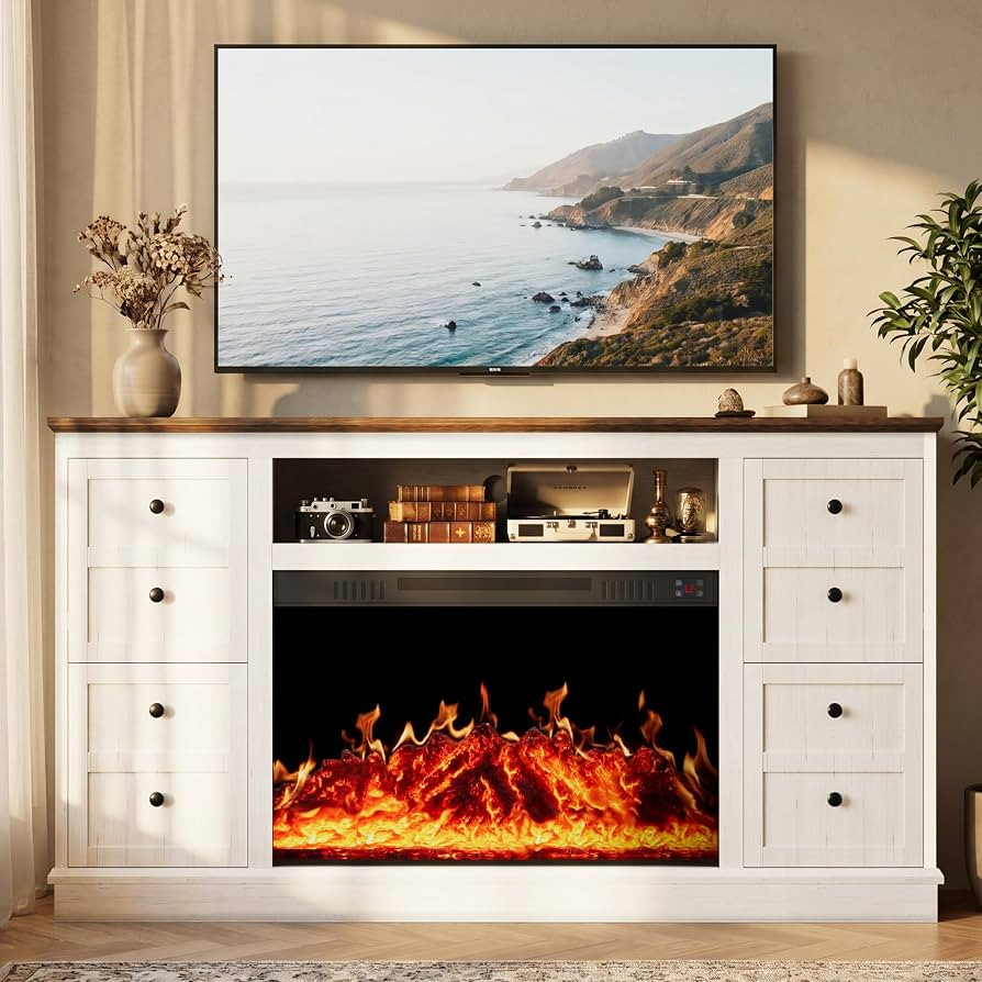 62" Farmhouse Fireplace TV Stand for up to 75" TV, White | Amazon (US)