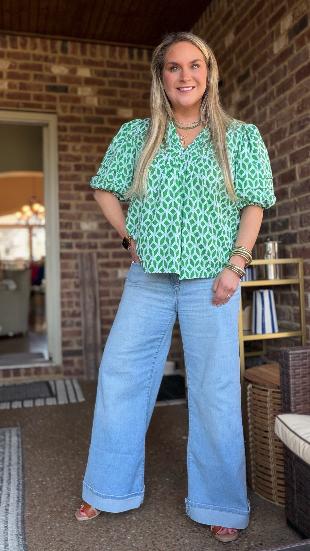 Outfit I’ll be wearing on repeat all spring and summer. 

These wide leg jeans are that perfect flattering fit that instantly makes you look put together but still feel comfortable all day long. Paired with this adorable green trellis print top with the sweetest puff sleeve details, it’s giving easy, preppy, everyday chic.

And let’s talk about these sandals… SO good. The gold detail elevates them in the prettiest way and the quality is incredible for the price point. Definitely grab your true size in these.

Perfect for brunch, errands, casual days, or spring events… this is one of those outfits you’ll reach for again and again. 💚

#widelegjeans #springoutfitideas #preppystyle #everydayoutfit #ltkstyle

#LTKOver40 #LTKSeasonal #LTKootd