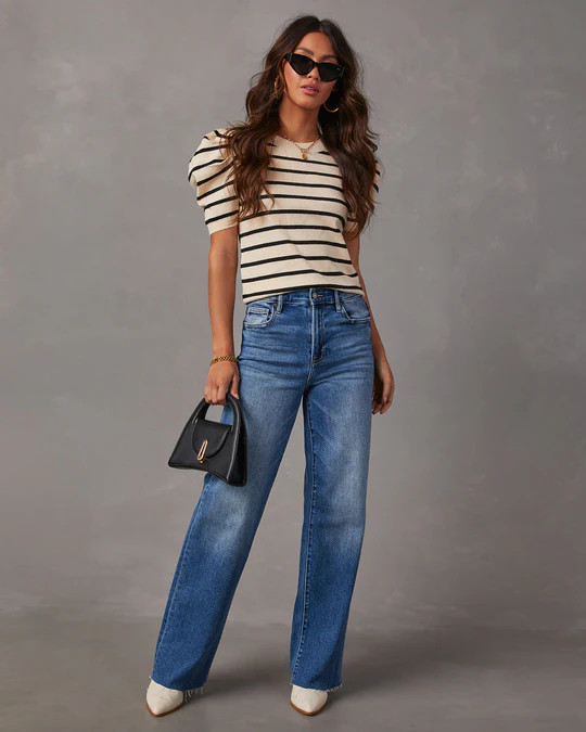 Fine Lines Striped Puff Sleeve Knit Top | VICI