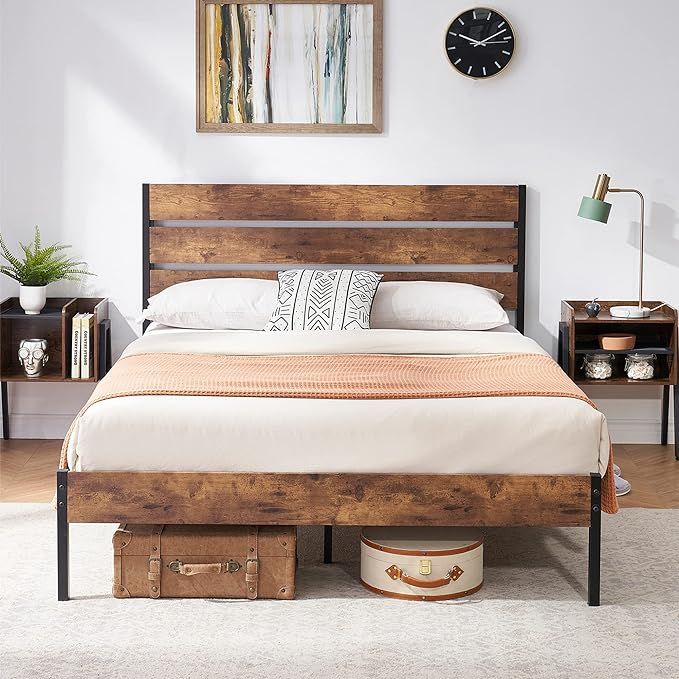 VECELO Platform Full Bed Frame with Rustic Vintage Wood Headboard and Footboard, Mattress Foundat... | Amazon (US)