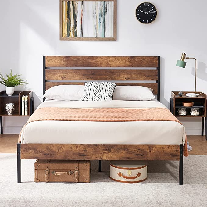 VECELO Platform Full Bed Frame with Rustic Vintage Wood Headboard and Footboard, Mattress Foundat... | Amazon (US)
