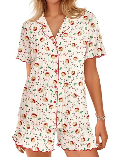 Ekouaer Button Up Pajamas Set for Women Short Sleeve Ribbed Knit Sleepwear 2 Piece Pjs Shorts Set Hot Pink XXL | Amazon (US)