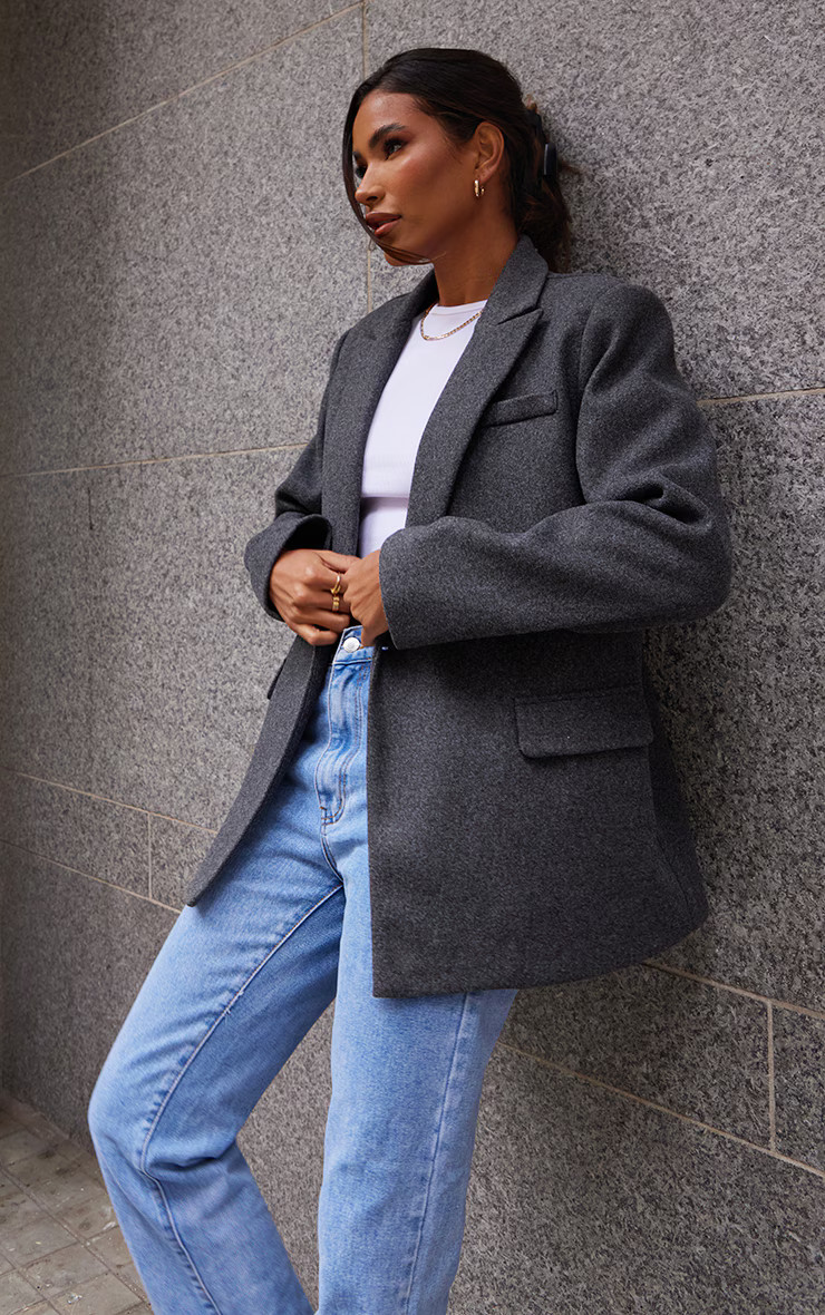 Grey Wool Look Double Breasted Blazer | PrettyLittleThing US