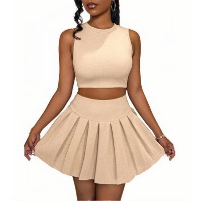 Women's Sleeveless Crop Top & Pleated Mini Skirt 2-Piece Set Casual Outfit, Beige, L | Target