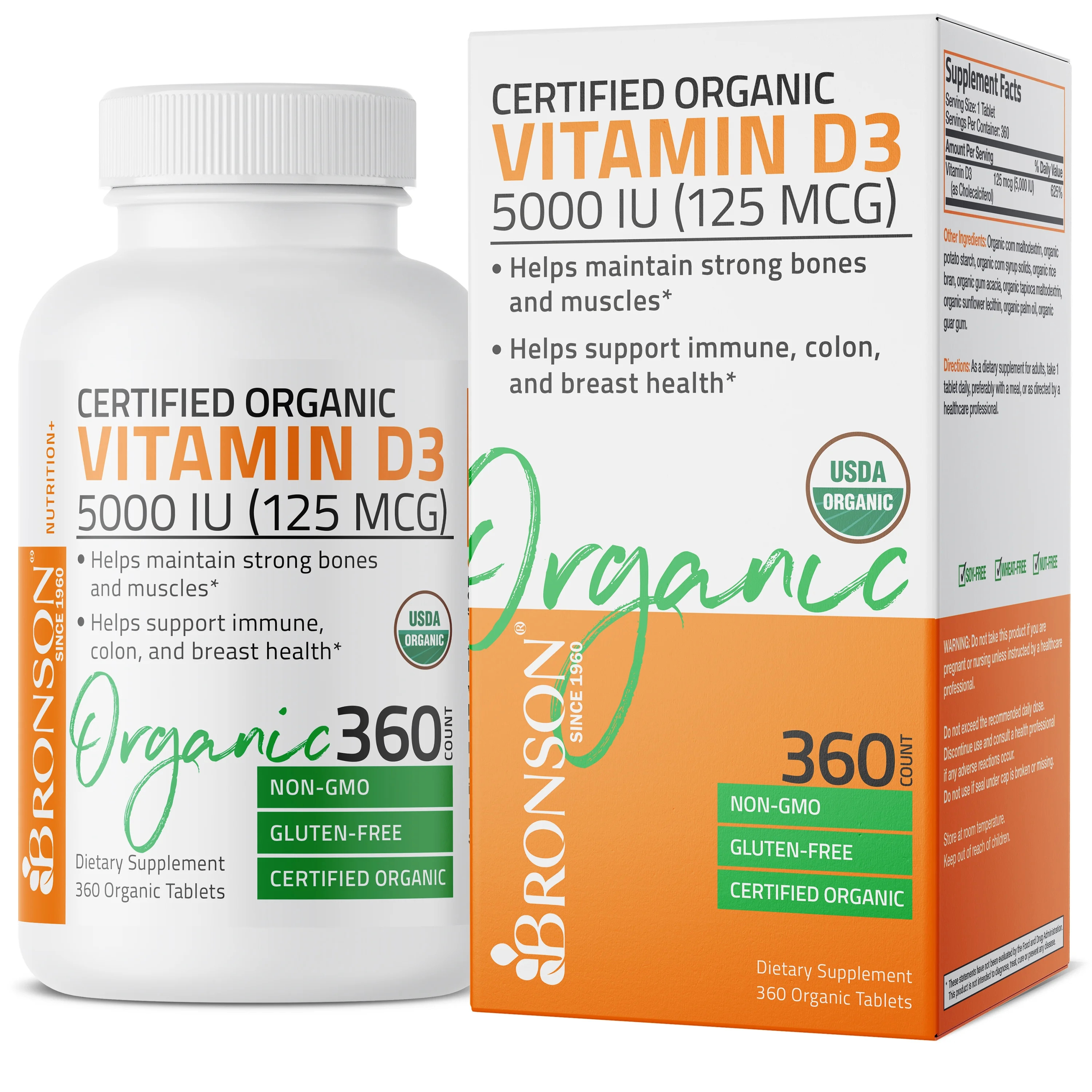 Bronson Vitamin D3 5000 IU Bone Health and Immune Support, USDA Certified Organic, Non-GMO Gluten... | Walmart (US)