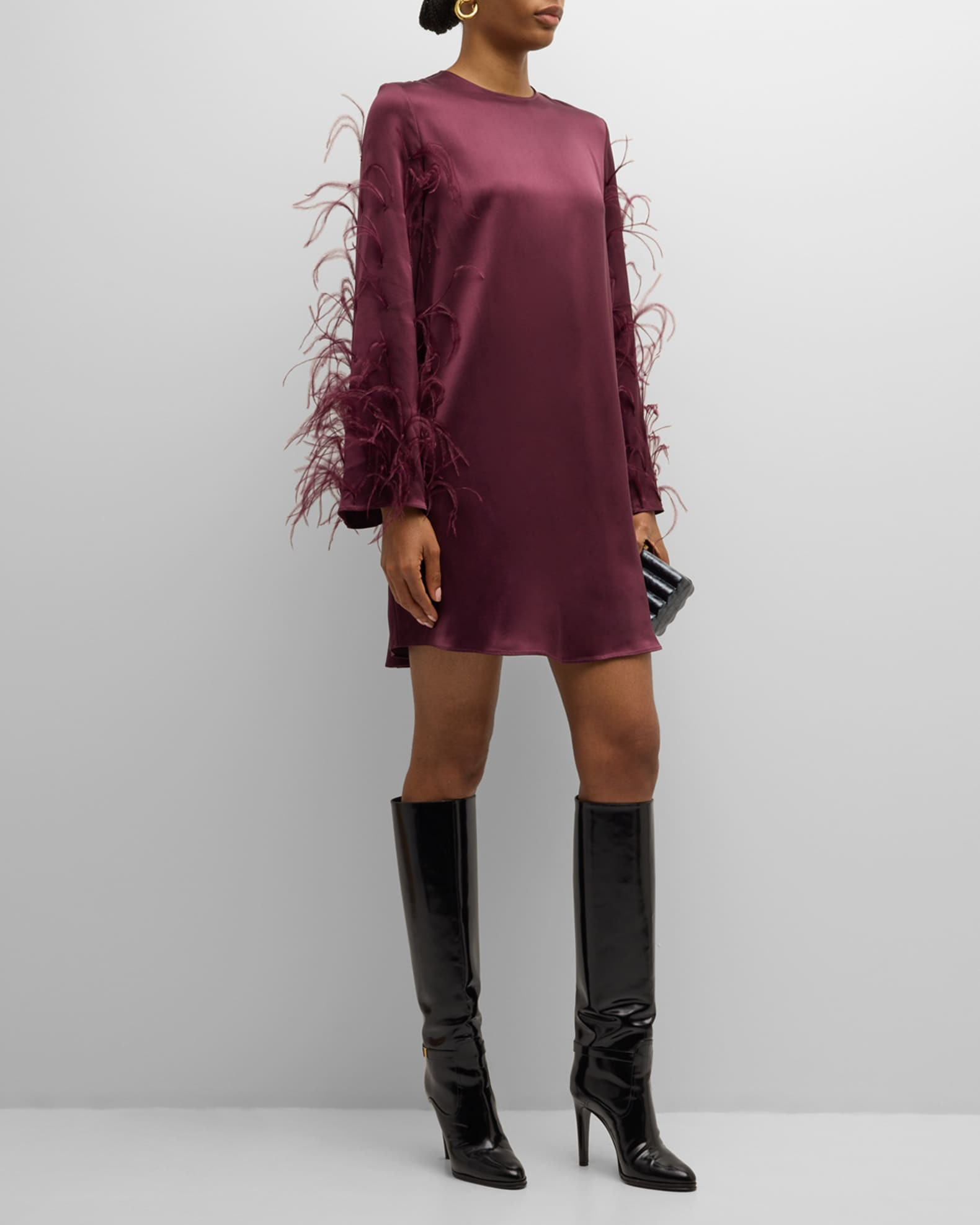 Feather Long-Sleeve Satin Mini Shift Dress | Neiman Marcus