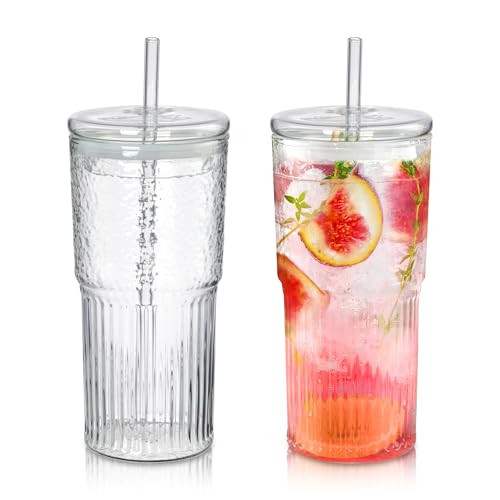 Joeyan 22 oz Glass Tumbler with Straw and Lid for Iced Tea Coffee Smoothie Water Juice Beverages Soda,Clear Borosilicate Glasses Cups,Ribbed Drinking Jar,Set of 2,Dishwasher Safe | Amazon (US)