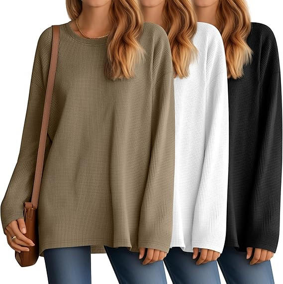 3 Pack Women Waffle Knit Oversized Long Sleeve Shirts Drop Shoulder Tops Crewneck Pullover Casual... | Amazon (US)
