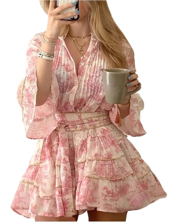 SOLY HUX Women's Floral Ruffle Mini Dress V Neck 3/4 Sleeve Flowy Boho Vacation Dresses | Amazon (US)