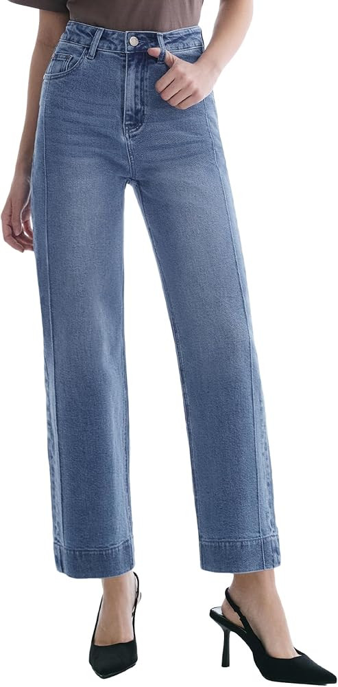 Women’s Straight Leg Jeans High Waisted Cropped Trendy Jeans Wide Leg Zipper Denim Pants | Amazon (US)