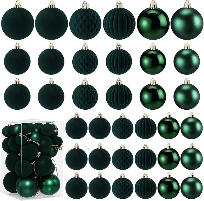 Soulchen 42 Pcs Velvet Christmas Ornaments Set Flocked Dark Green Christmas Ball Ornaments Hangin... | Amazon (US)