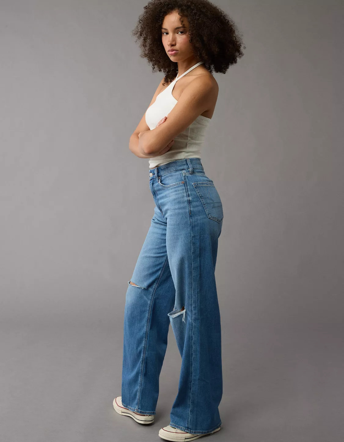 AE Dreamy Drape Stretch Curvy Super High-Waisted Baggy Wide-Leg Jean | American Eagle Outfitters (US & CA)