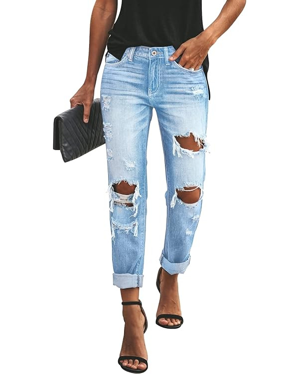 KUNMI Women's Ripped Mid Waisted Boyfriend Jeans Loose Fit Distressed Stretchy Denim Pants | Amazon (US)