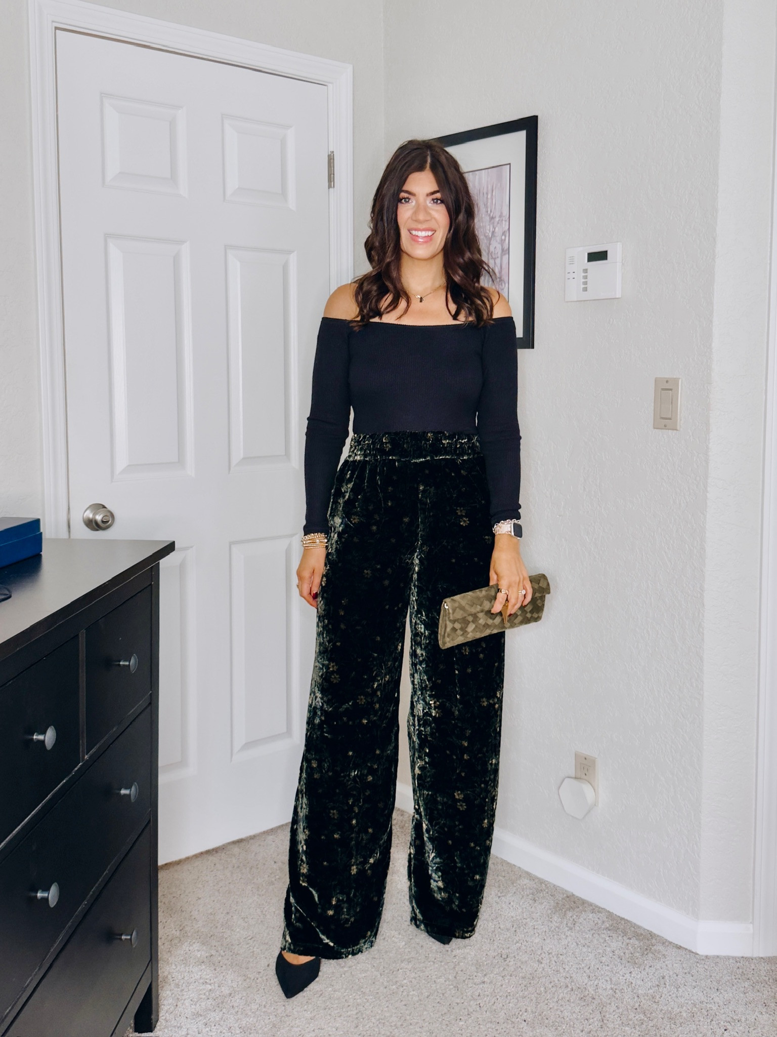 The perfect outfit for your next holiday party! 

holiday party outfit, christmas card outfit, family photo shoot outfit, seasonal outfit inspo, festive outfit inspo, holiday season, black body suit, off the shoulder, velvet pants, suede clutch, black heels

#LTKStyleTip #LTKMidsize #LTKHoliday