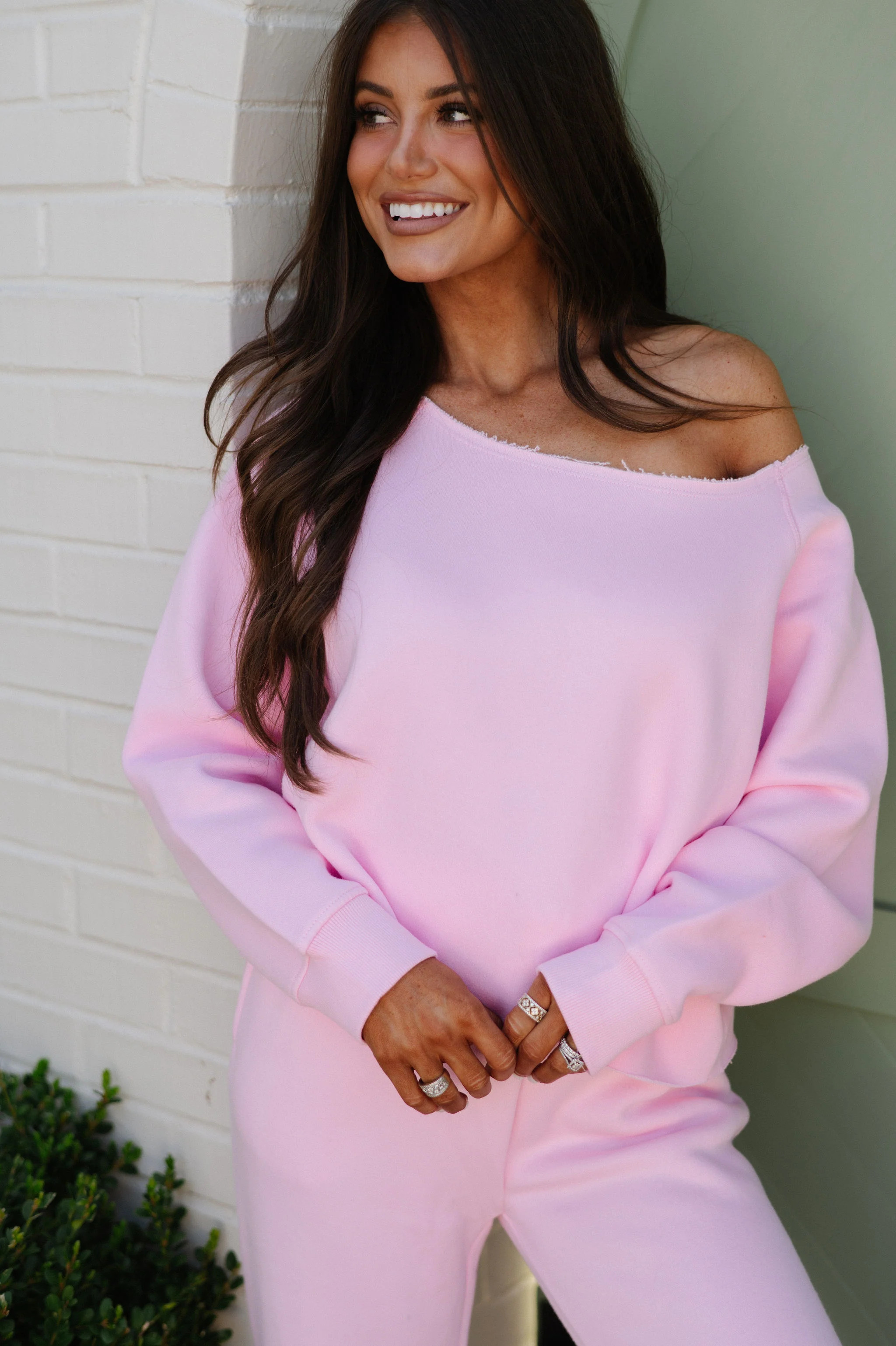 Fleece Off The Shoulder Top-Pink | These Three