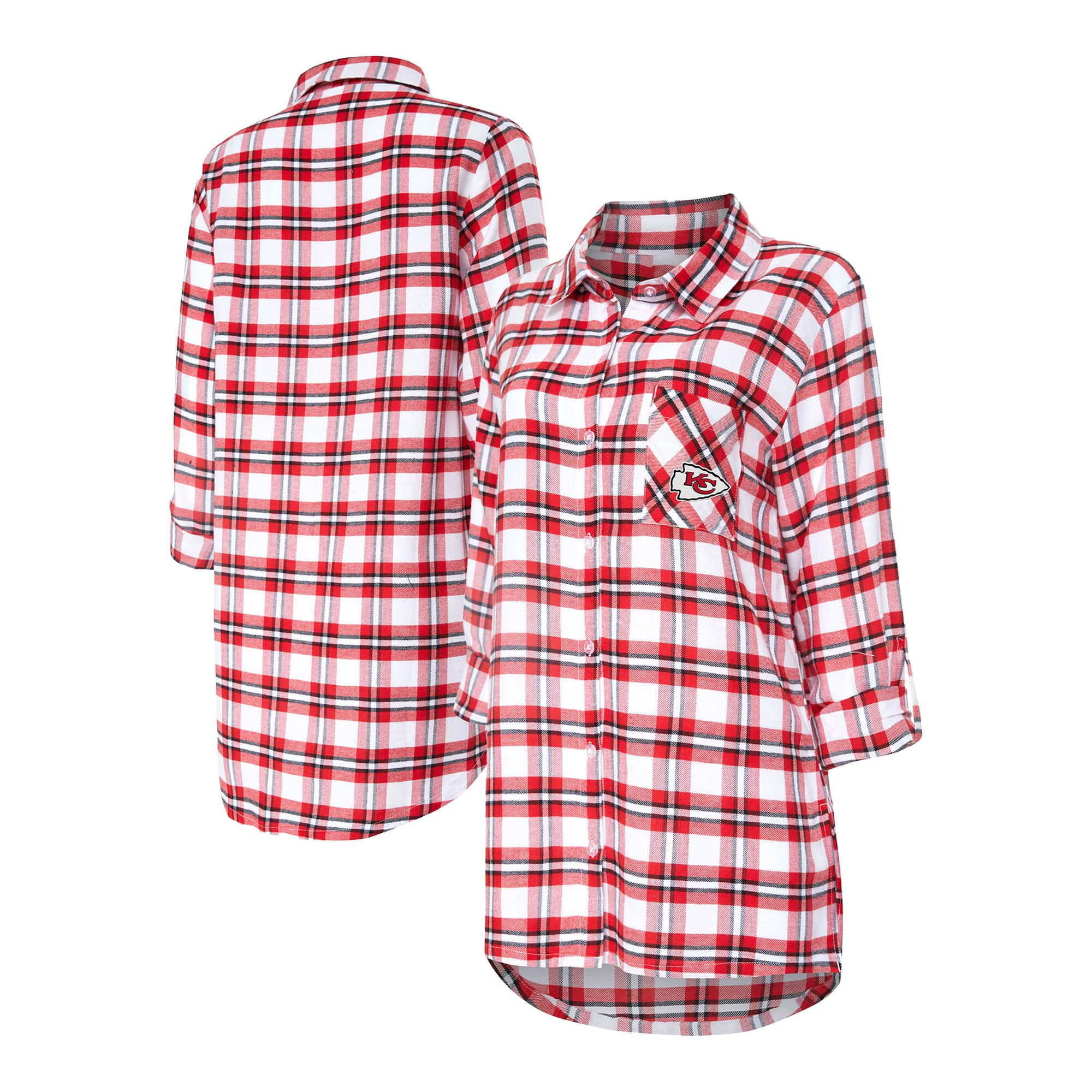 Women's Kansas City Chiefs Concepts Sport Red Sienna Plaid Full-Button Long Sleeve Nightshirt | NFL Shop