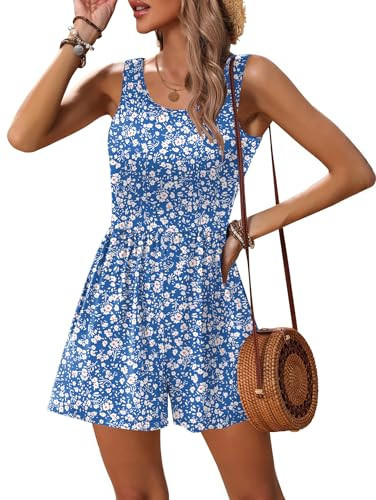Ekouaer Rompers for Women Summer Romper Sleeveless Scoop Neck Short Jumpsuits for Women Beach Jumpsuit with Pockets 2026 Blue White Floral X-Large | Amazon (US)