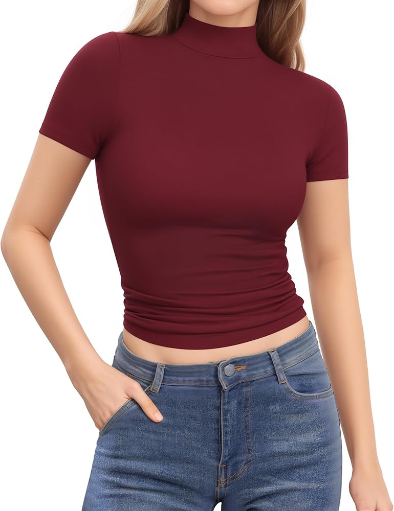MANGOPOP Women's Mock Neck Shirt Double Lined Short Sleeve Turtleneck Tops for Women Basic Tight ... | Amazon (US)