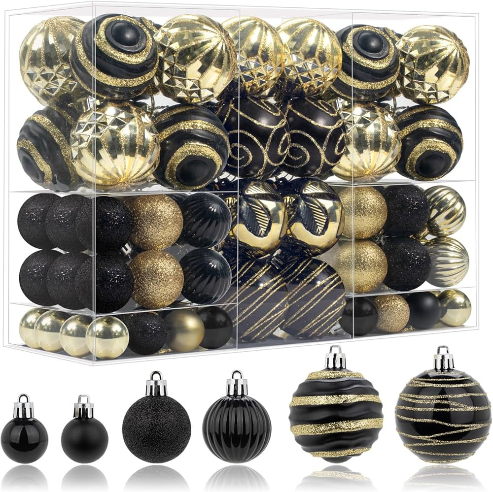 100 Pcs Christmas Ball Ornaments Set, Black and Gold Xmas Tree Decoration, Shatterproof Decorativ... | Amazon (US)