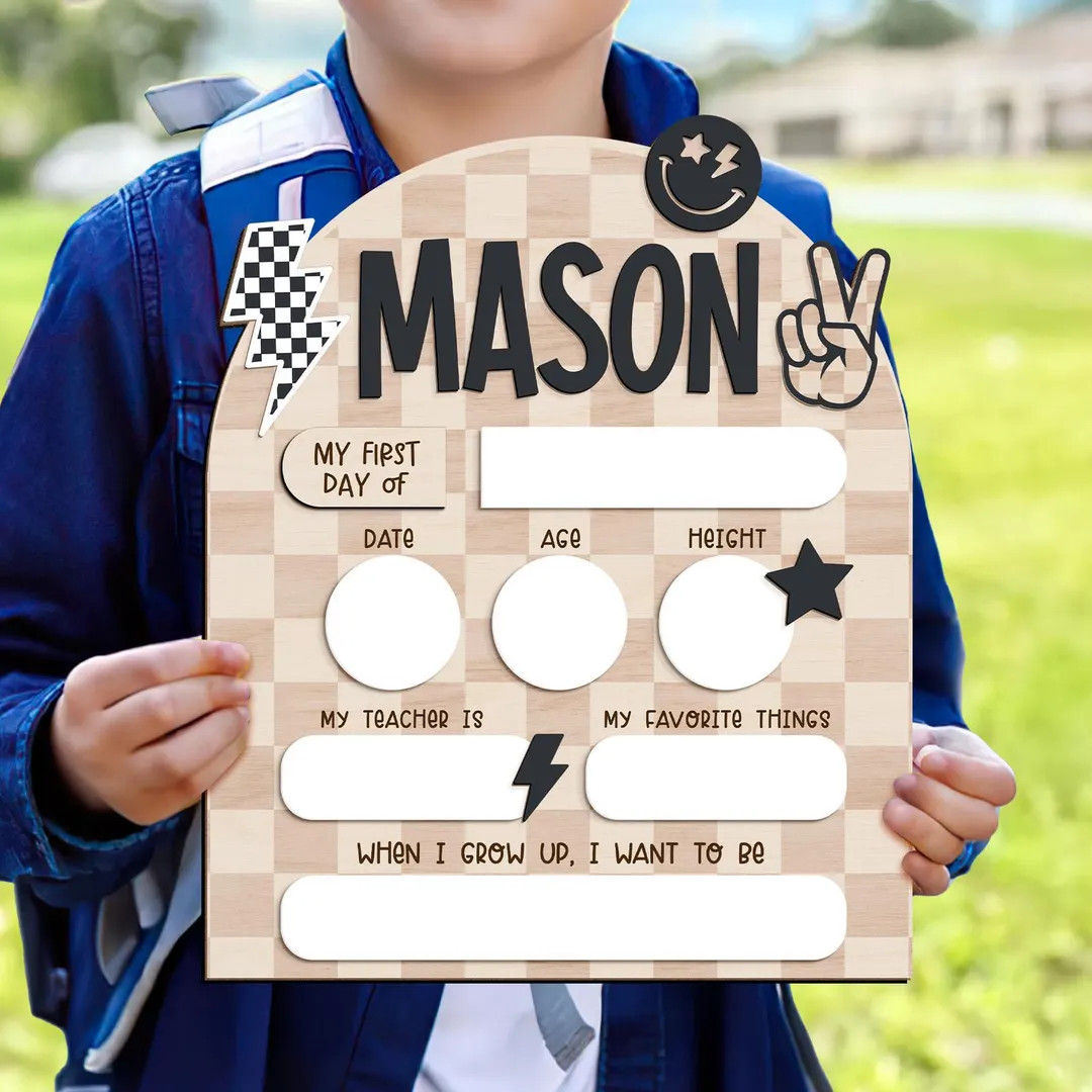 Checkered First Day School Sign, Back to School Sign for Boys, 1st Day of Kindergarten Sign, Firs... | Etsy (US)